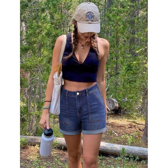 Blue High Waisted Stretchy Casual Denim Shorts Ripped Frayed Hem Summer - Picture 6 of 6